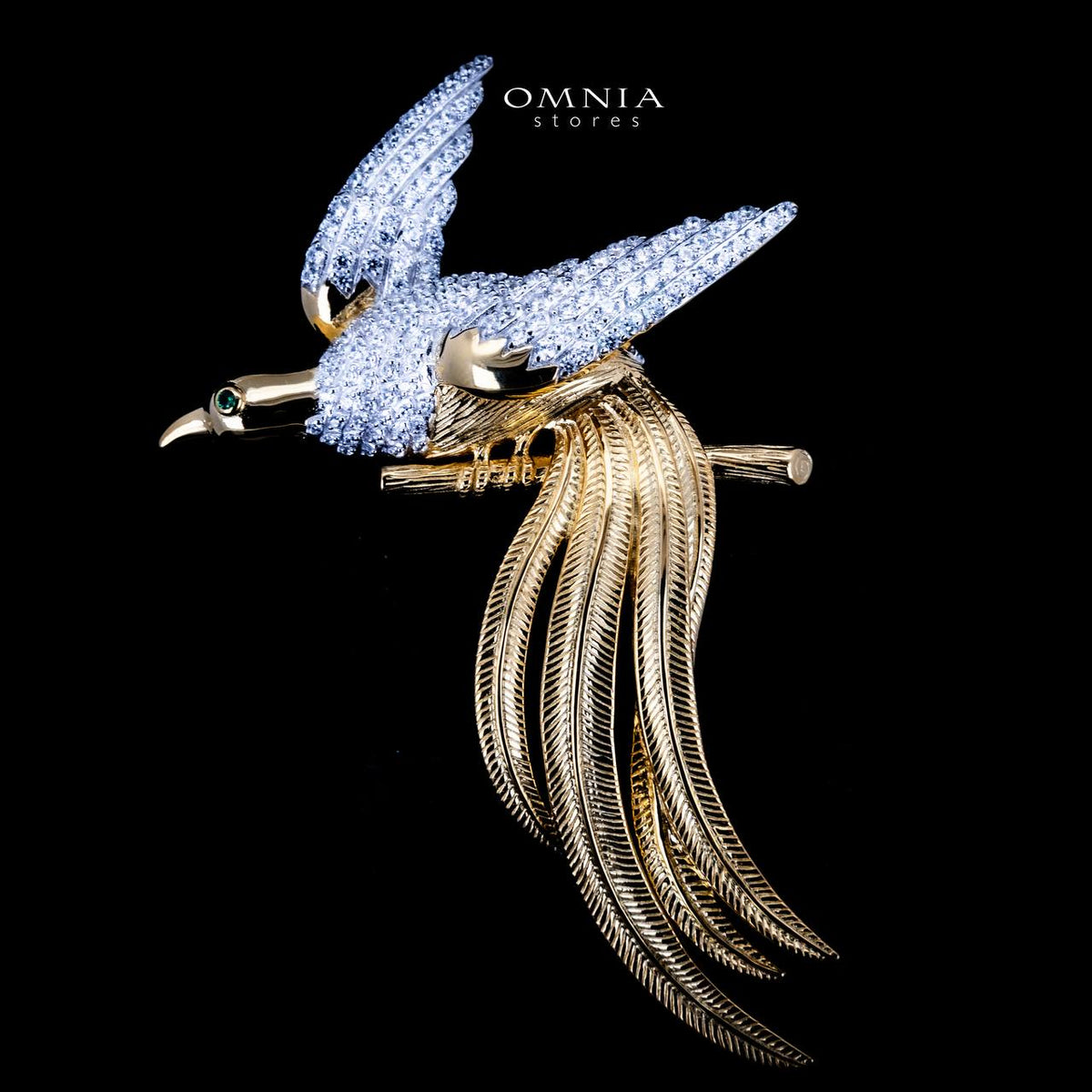 Omnia Aiman Silver and Gold Bird Brooch  in 925 Silver High Quality Simulated Diamond Stones - OMNIASTORES UAE