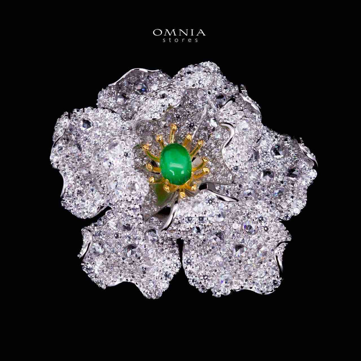 Omnia Riyana Green and Gold Flower Brooch  in 925 Silver High Quality Simulated Diamond Stones - OMNIASTORES UAE