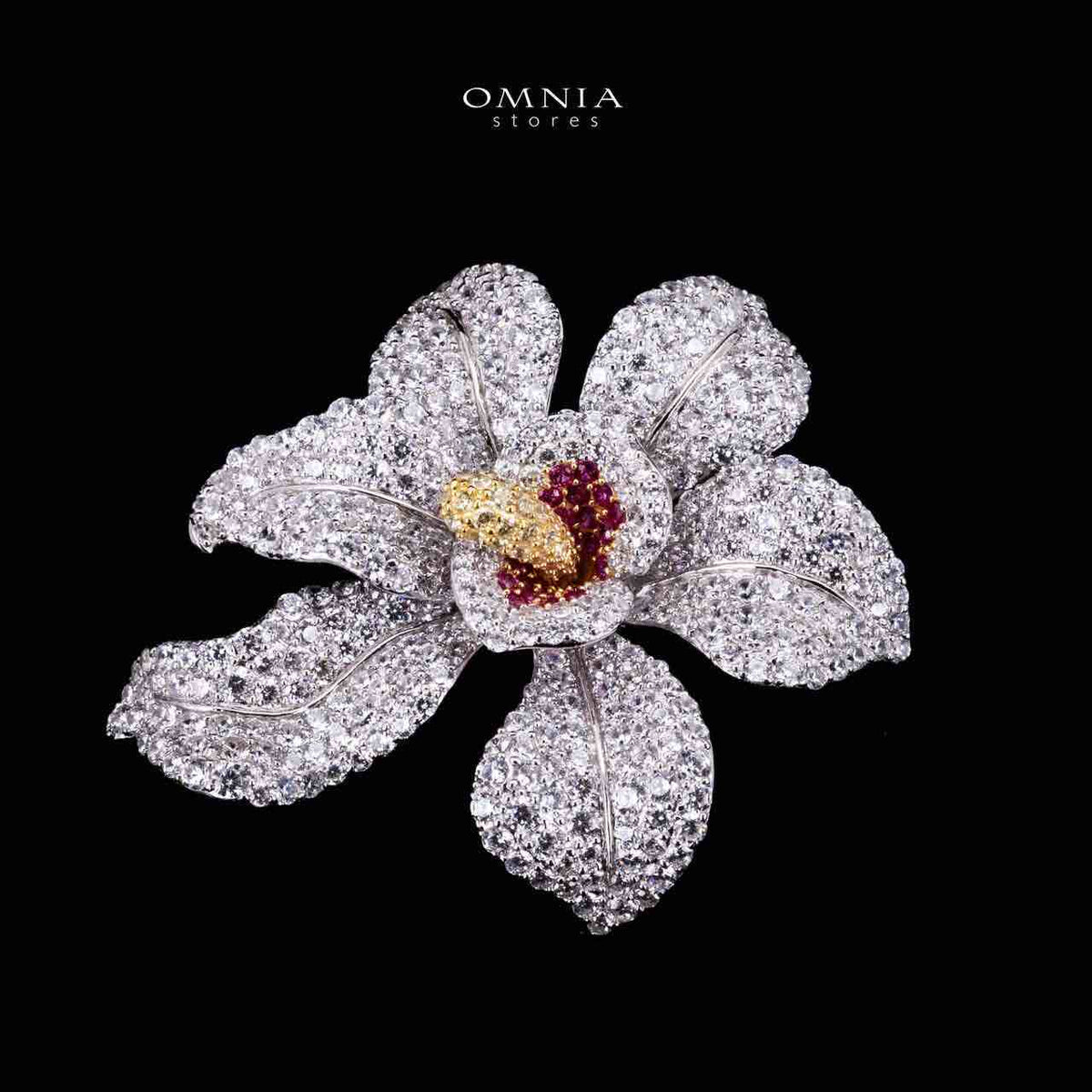 Omnia Fatina Red and Gold Flower Brooch  in 925 Silver High Quality Simulated Diamond Stones - OMNIASTORES UAE