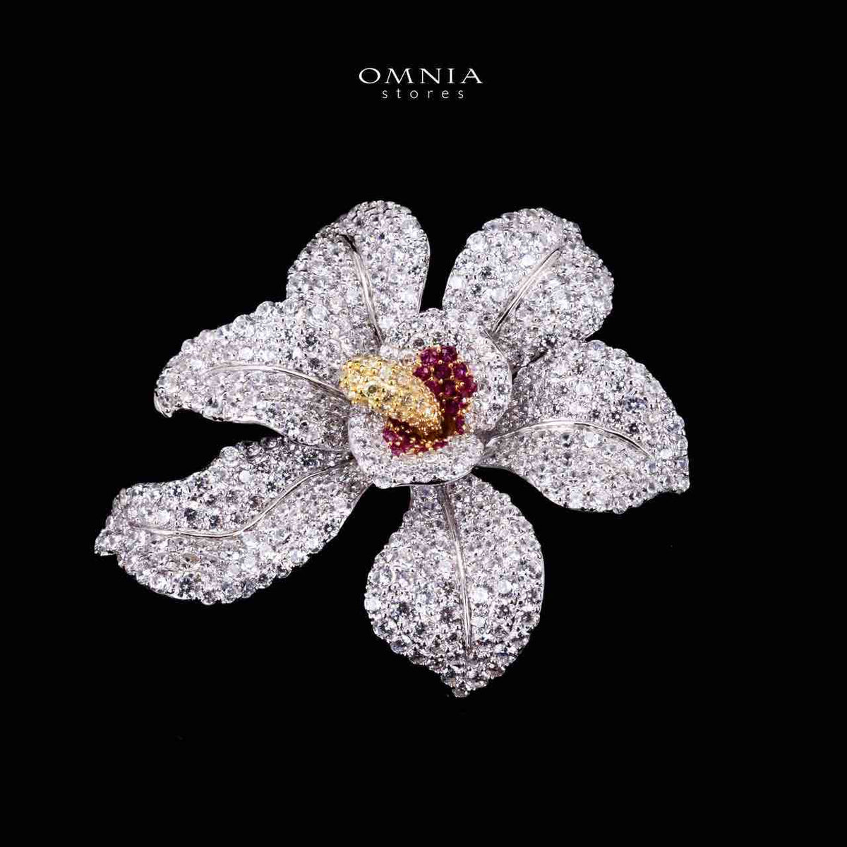 Omnia Fatina Red and Gold Flower Brooch  in 925 Silver High Quality Simulated Diamond Stones - OMNIASTORES UAE