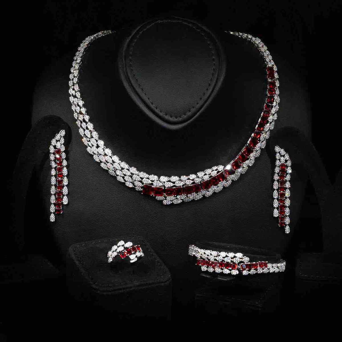 Omnia Trinity Red Luxury Bridal Full Set in High Quality Zircon Stone Premium Rhodium Plated - OMNIASTORES UAE