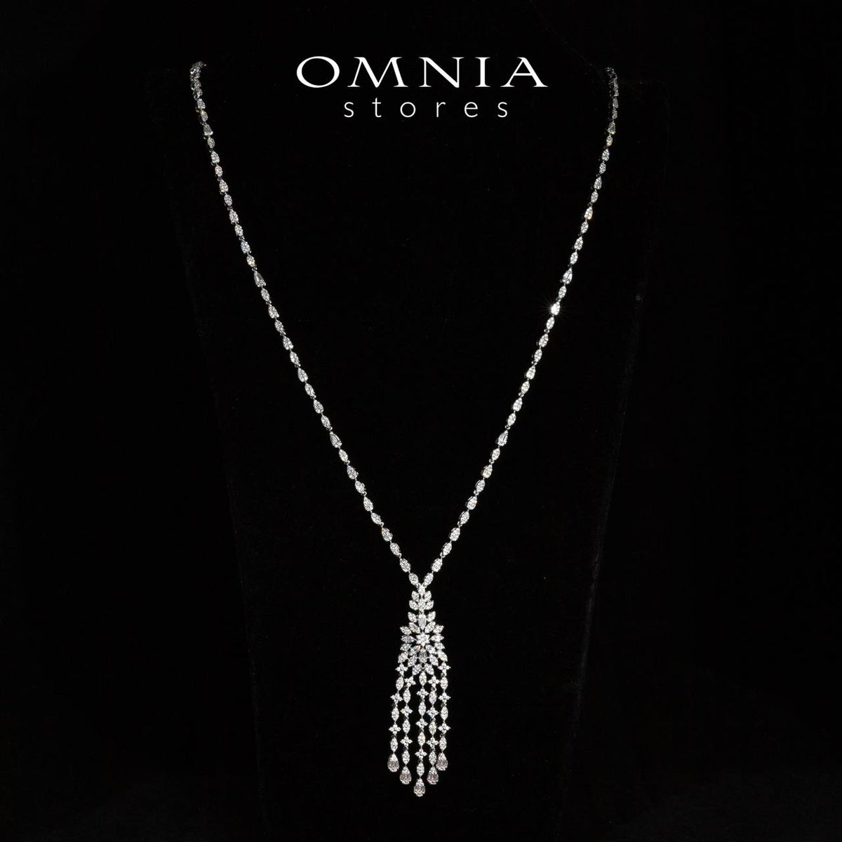 Omnia Nyra Luxury White Bridal Long Chain Necklace & Earrings Set in High Quality Zircon Stone Rhodium Plated - OMNIASTORES UAE