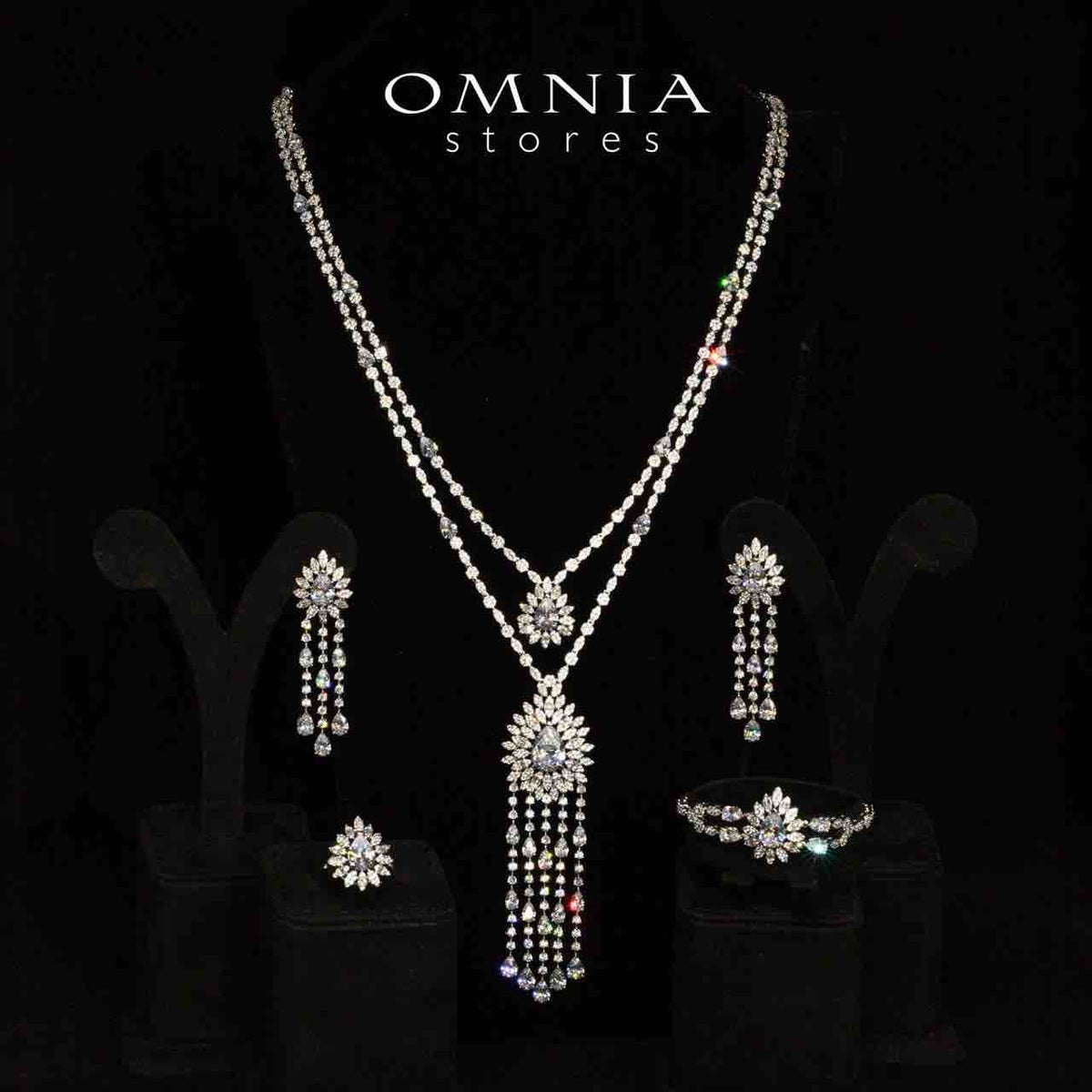 Omnia Alena Luxury White Bridal Long Chain Full Set in High Quality Zircon Stone Rhodium Plated - OMNIASTORES UAE