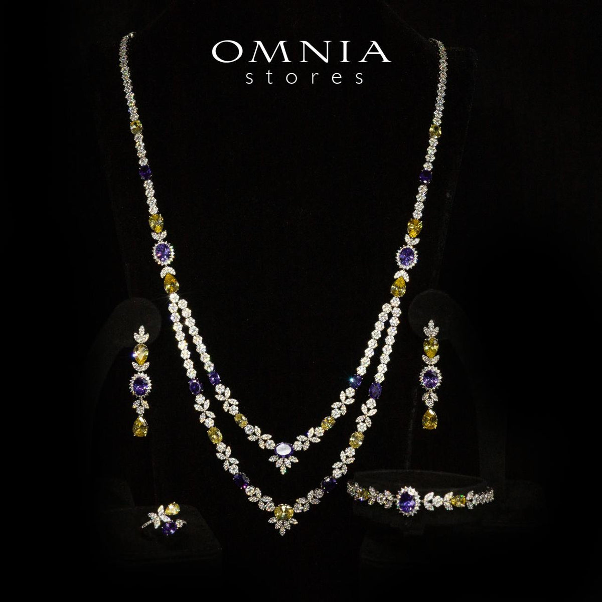 Omnia Jade Yellow and Purple Bridal Long Chain Set Accessories in High Quality Zircon Stone Rhodium Plated - OMNIASTORES UAE
