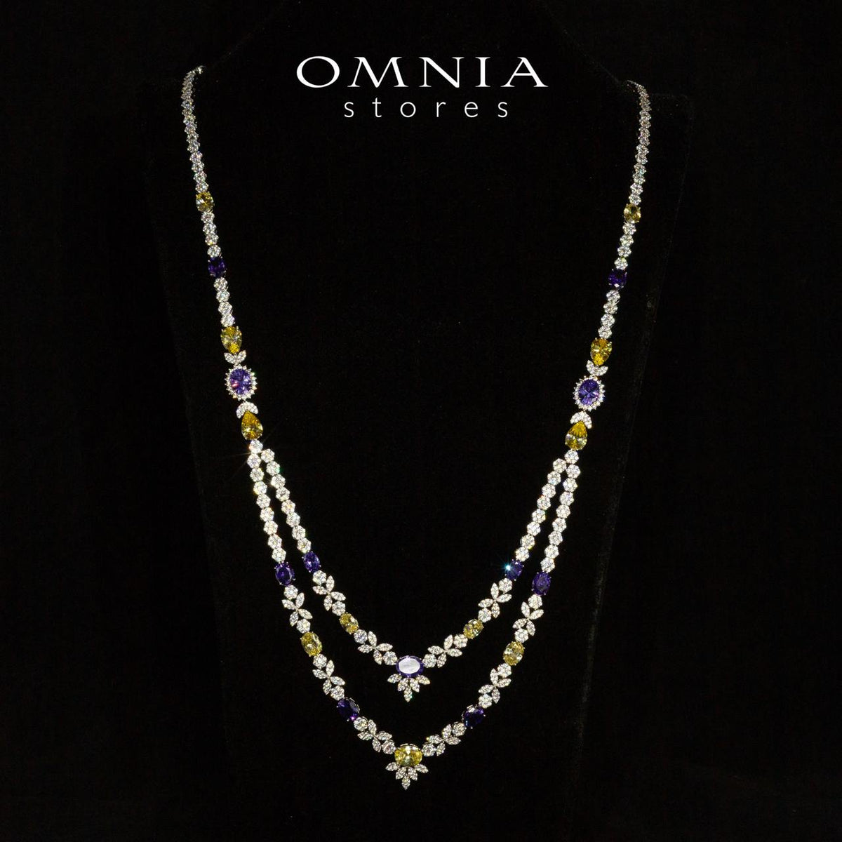 Omnia Jade Yellow and Purple Bridal Long Chain Set Accessories in High Quality Zircon Stone Rhodium Plated - OMNIASTORES UAE