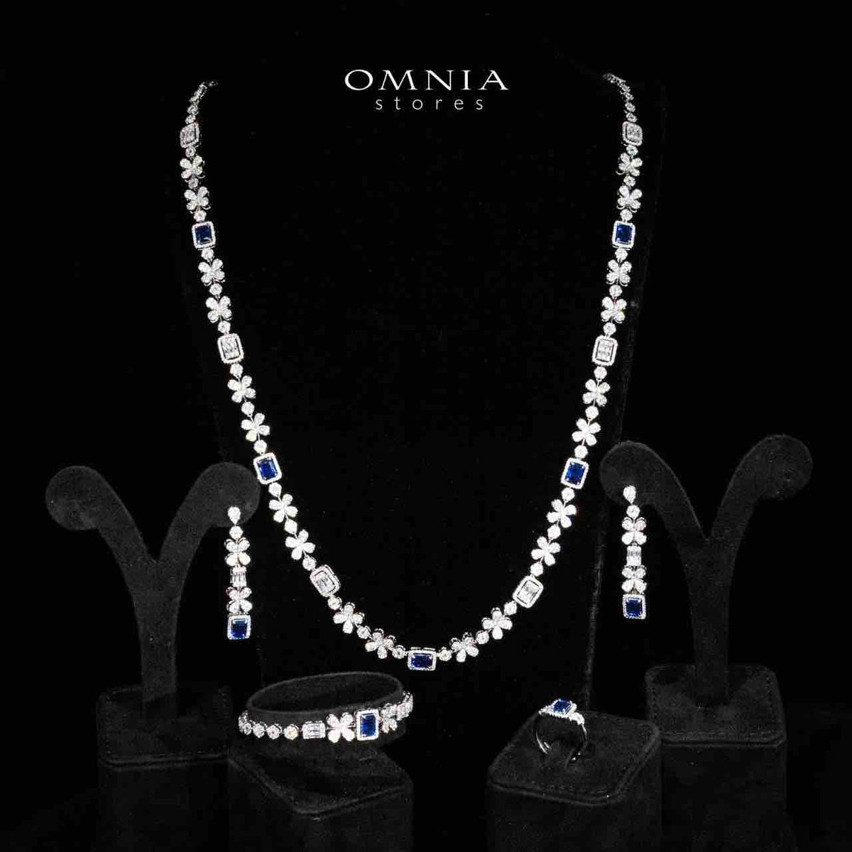 Omnia Reyna Blue Luxury Bridal Long Chain Full Set in High Quality Zircon Stone Rhodium Plated - OMNIASTORES UAE
