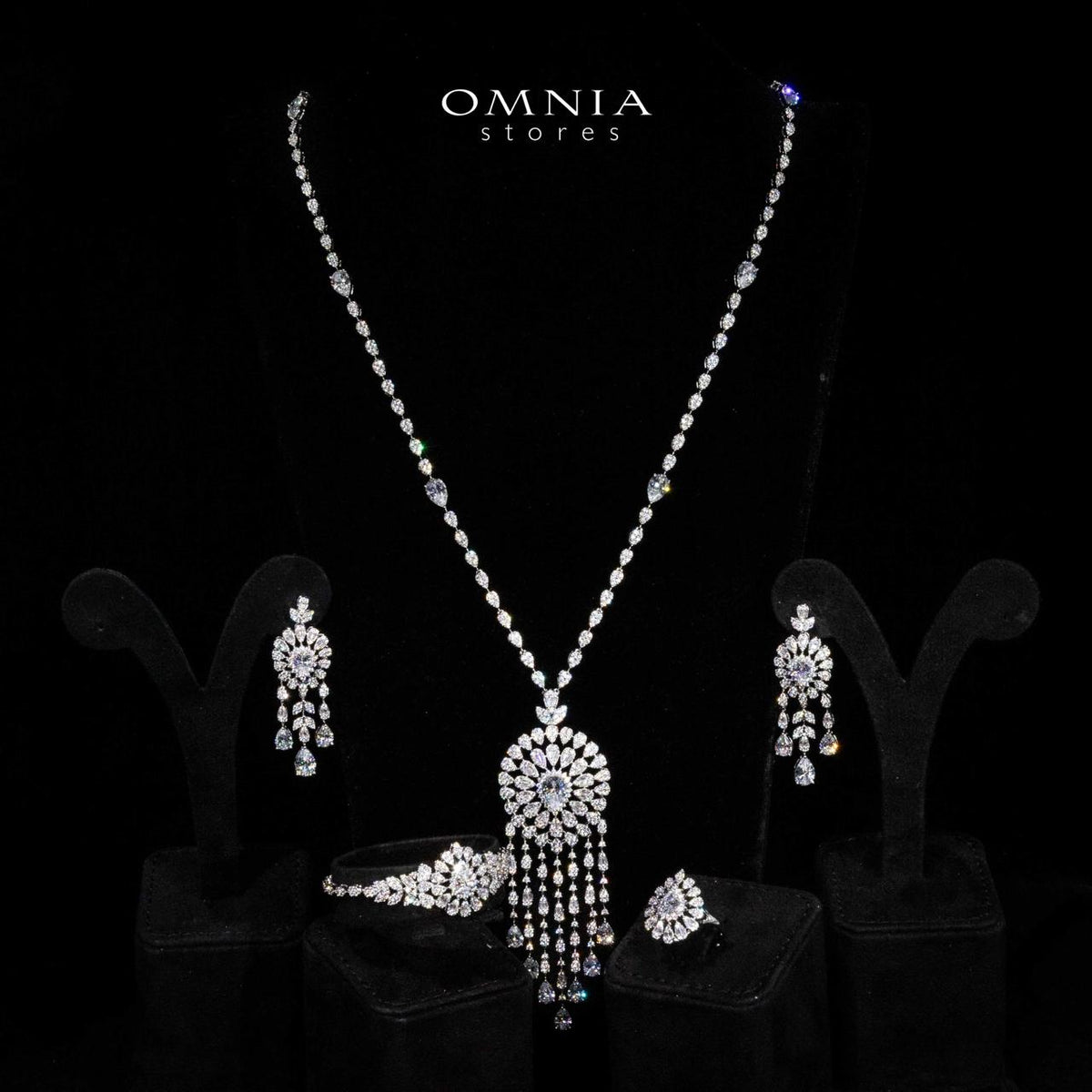 Omnia Lisa White Luxury Bridal Long Chain Full Set in High Quality Zircon Stone Rhodium Plated - OMNIASTORES UAE
