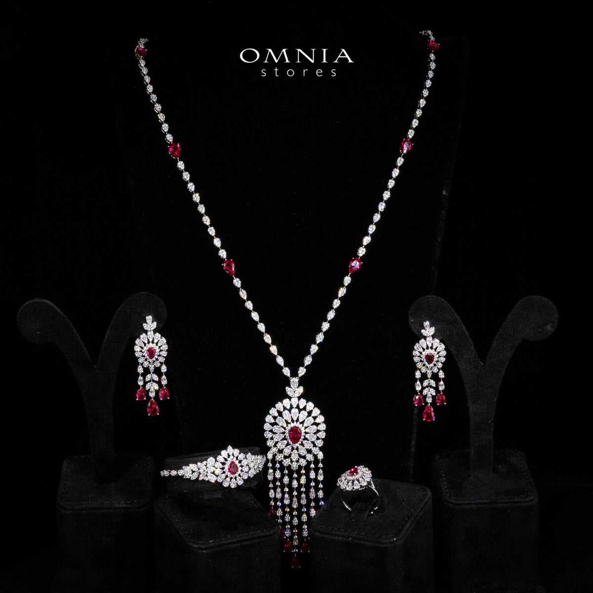 Omnia Lisa Red Luxury Bridal Long Chain Full Set in High Quality Zircon Stone Rhodium Plated - OMNIASTORES UAE