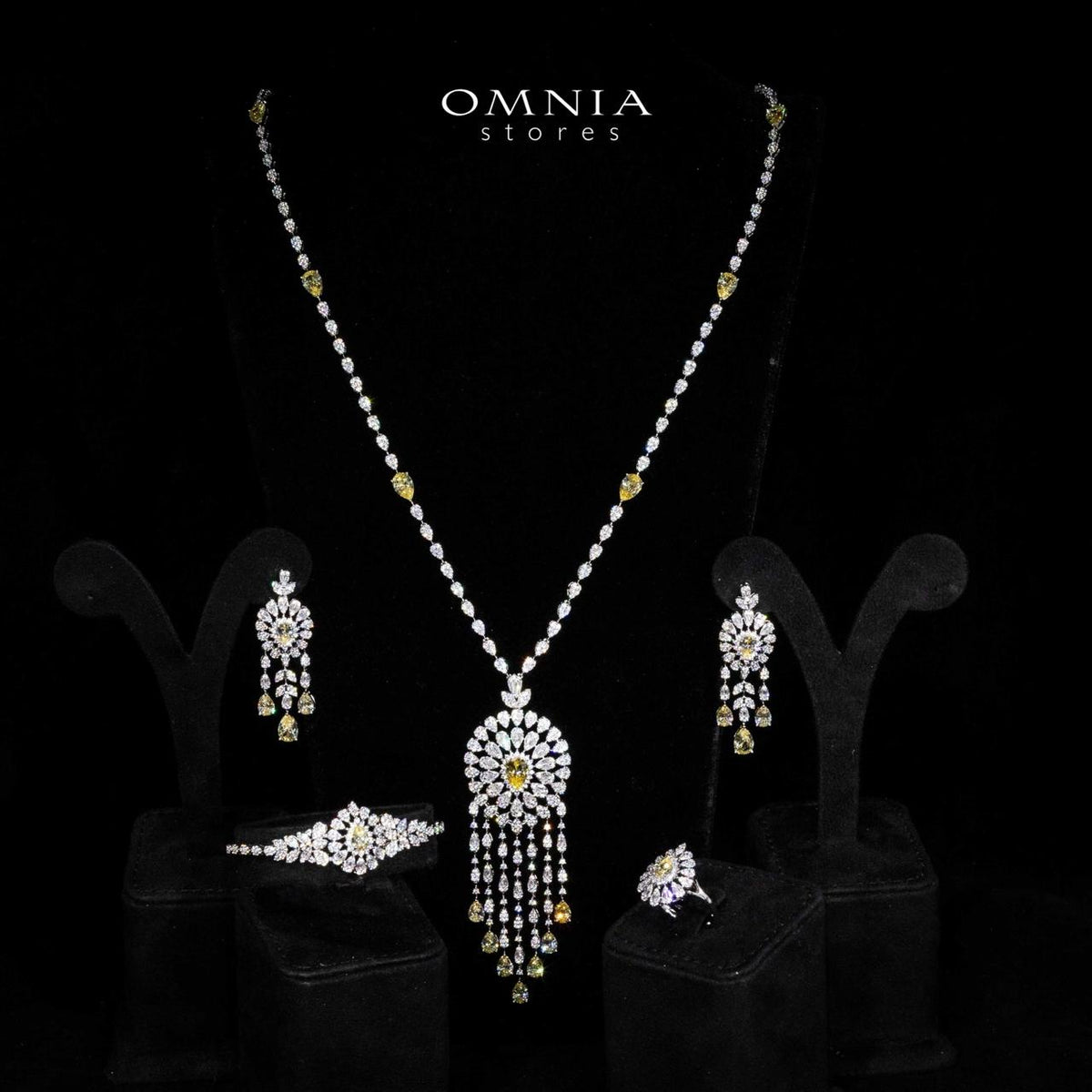 Omnia Lisa Yellow Luxury Bridal Long Chain Full Set in High Quality Zircon Stone Rhodium Plated - OMNIASTORES UAE