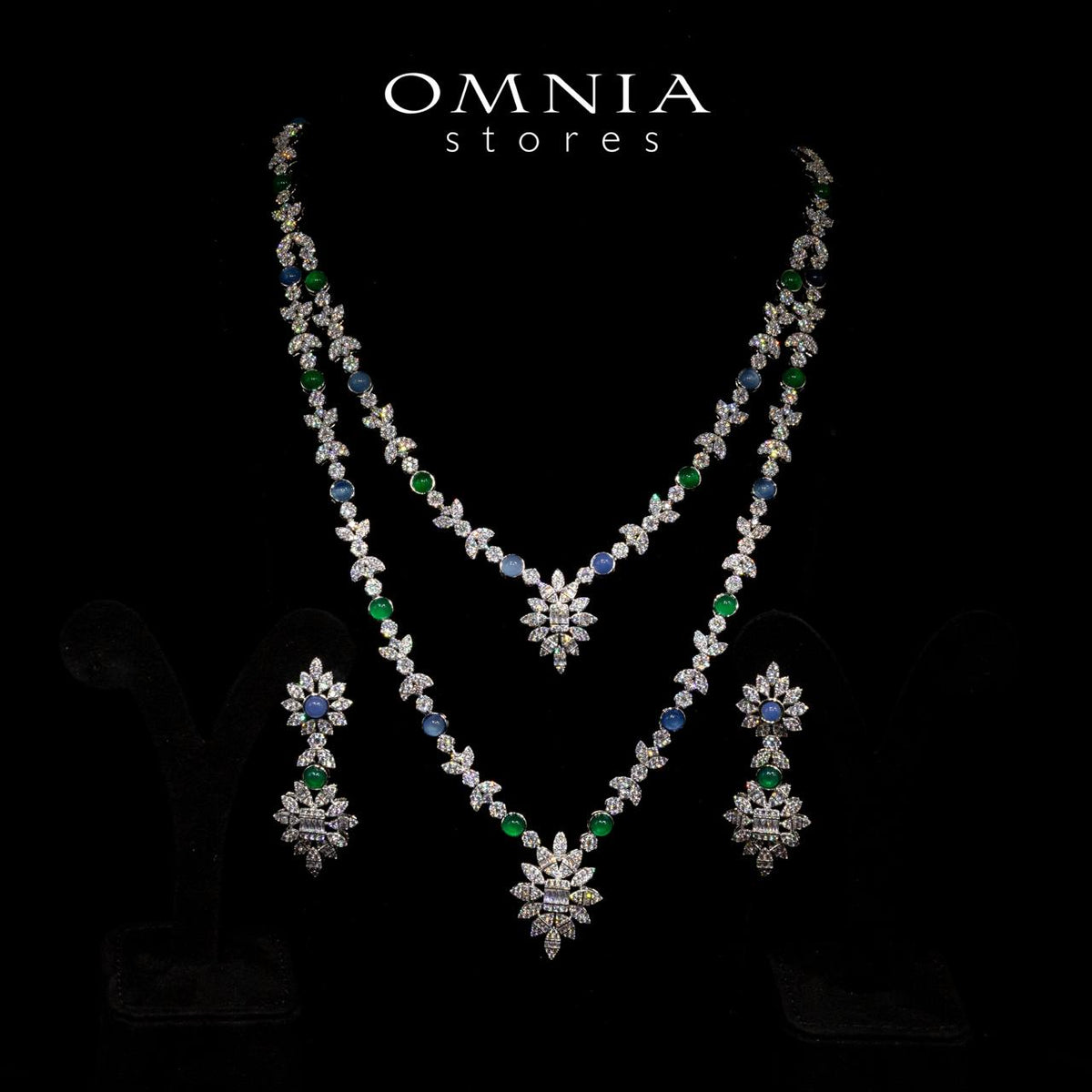 Omnia Keily Green and Blue Luxury Bridal Long Chain Full Set in High Quality Zircon Stone Rhodium Plated - OMNIASTORES UAE