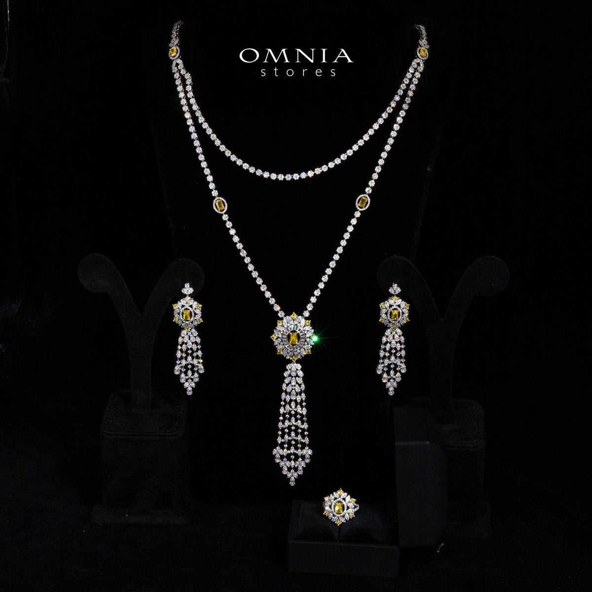 Omnia Ola Dark Yellow Bridal Long chain Set Accessories in High Quality Zircon Stone Rhodium Plated - OMNIASTORES UAE