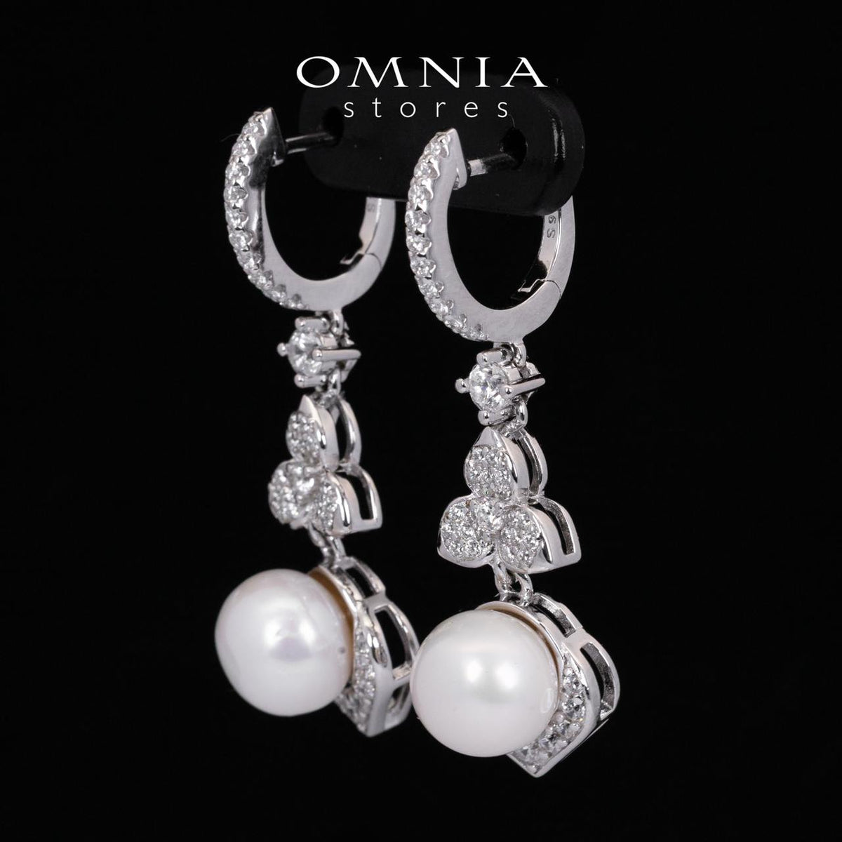 Omnia Ameena White Fresh Real Pearl Drop Earrings With High Quality Simulated Diamonds in 925 Silver - OMNIASTORES UAE