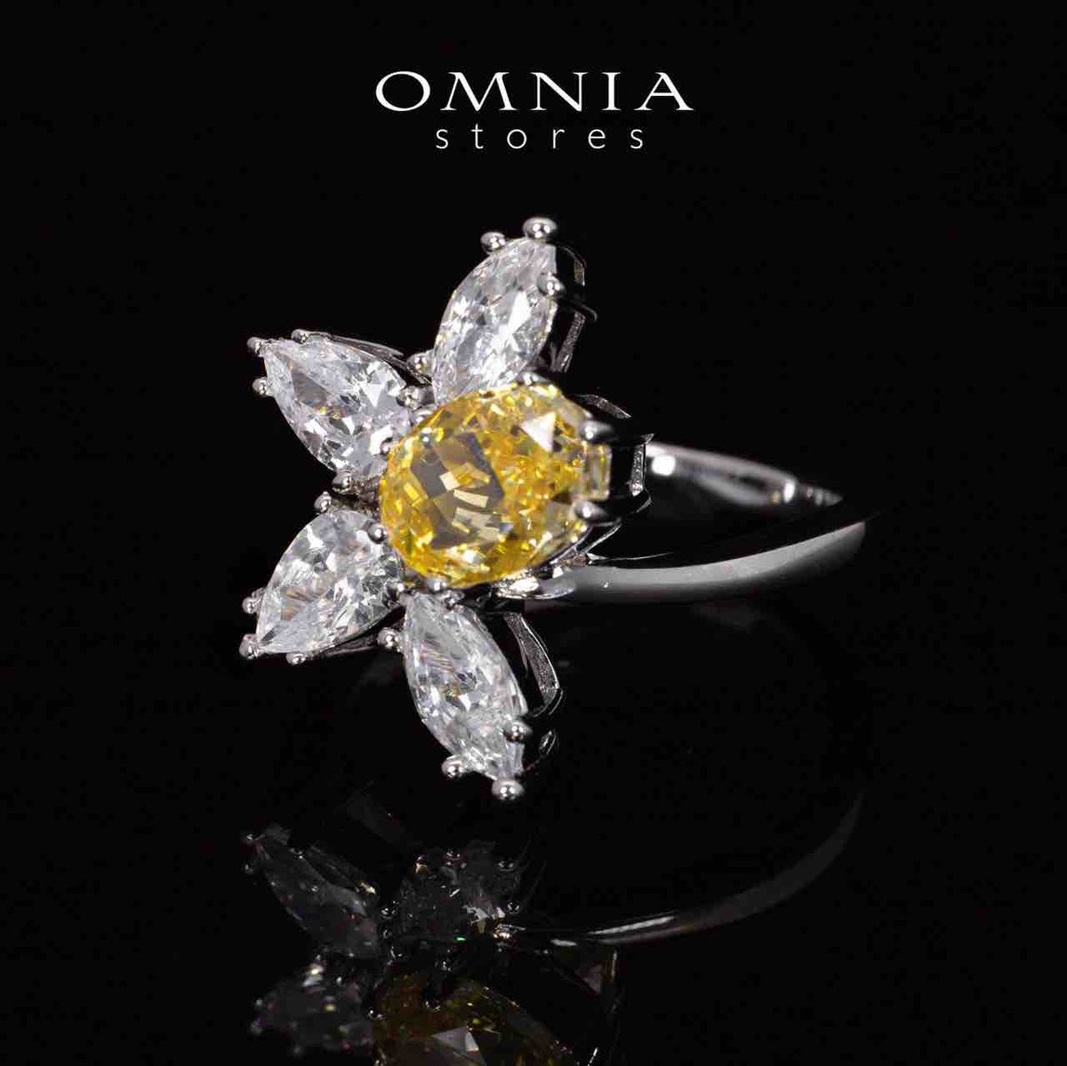Kiana Yellow Flower Design Ring With High Quality Simulated Diamonds in 925 Silver