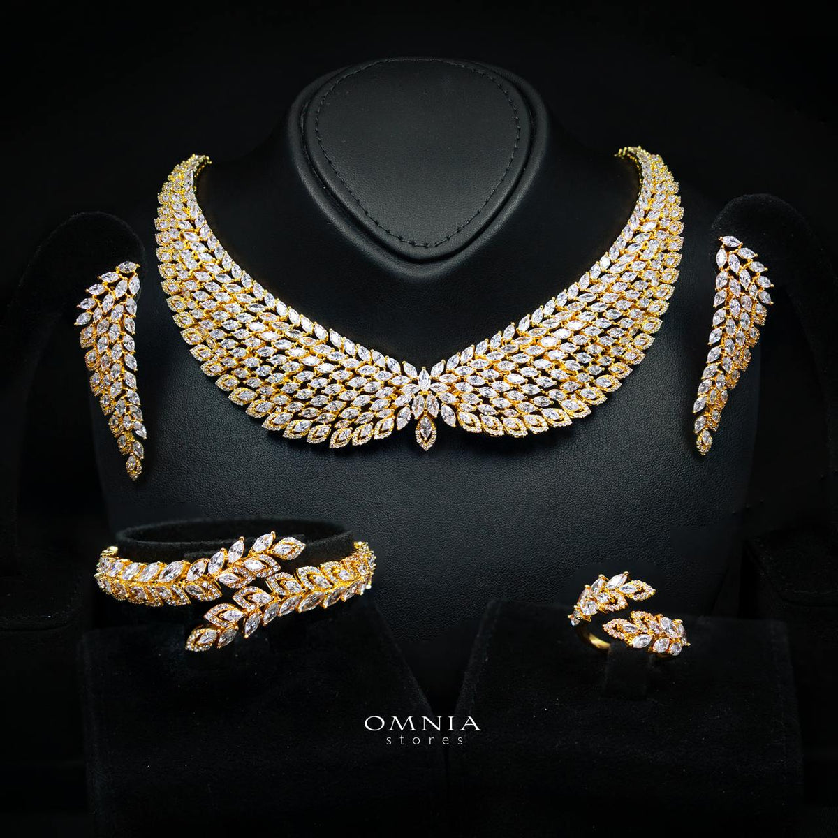 Omnia Safe Luxury Gold Bridal Full Set in High Quality Zircon Stone Rhodium Plated