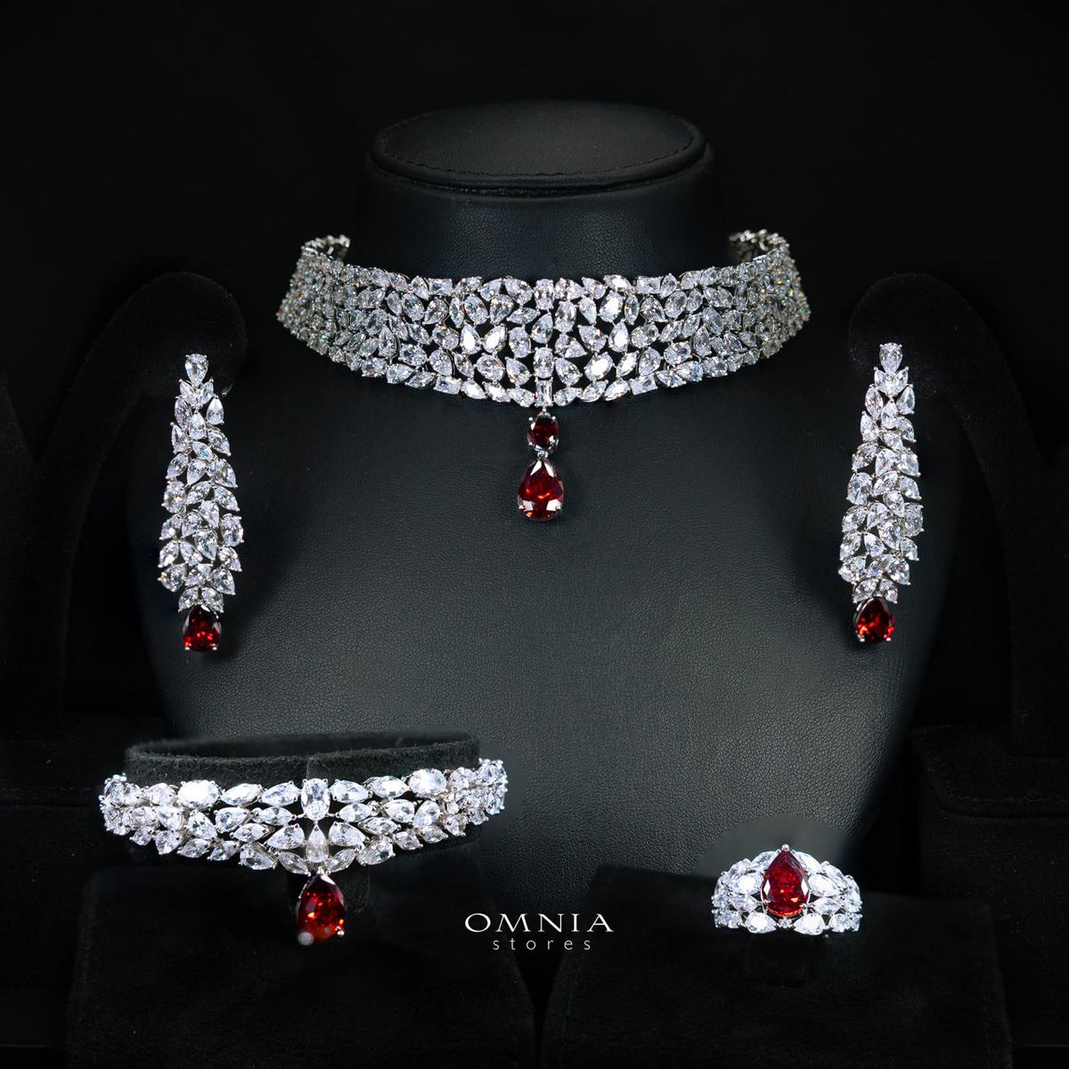 Omnia Nuray Red Luxury Bridal Full Set Accessories in High Quality Zircon Stone Premium Rhodium Plated