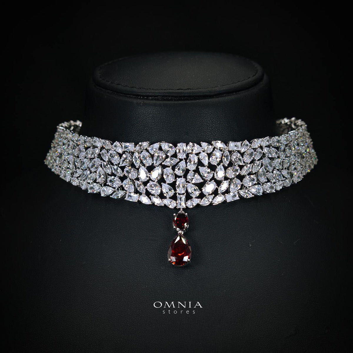 Omnia Nuray Red Luxury Bridal Full Set Accessories in High Quality Zircon Stone Premium Rhodium Plated