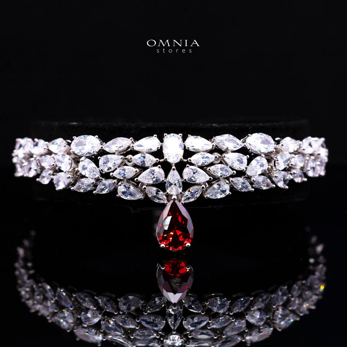 Omnia Nuray Red Luxury Bridal Full Set Accessories in High Quality Zircon Stone Premium Rhodium Plated