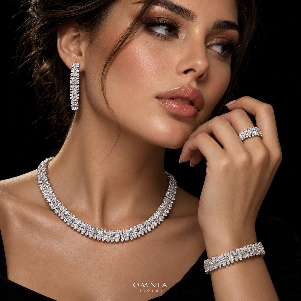 Omnia Manahil White Luxury Bridal Full Set in High Quality Zircon Stone Premium Rhodium Plated