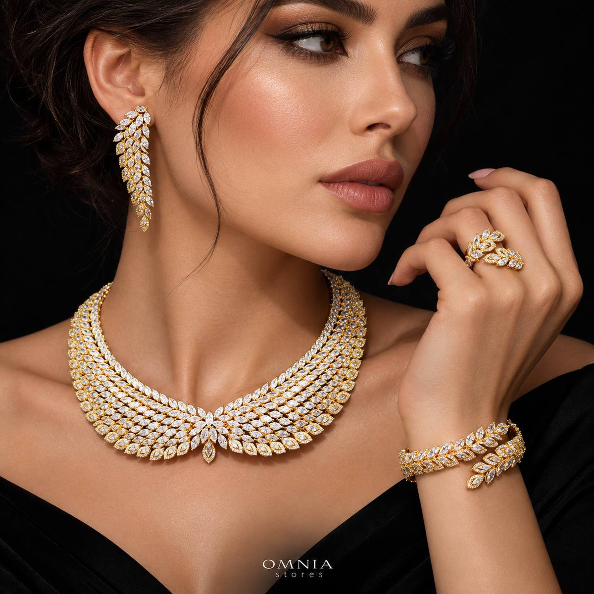 Omnia Safe Luxury Gold Bridal Full Set in High Quality Zircon Stone Premium Rhodium Plated