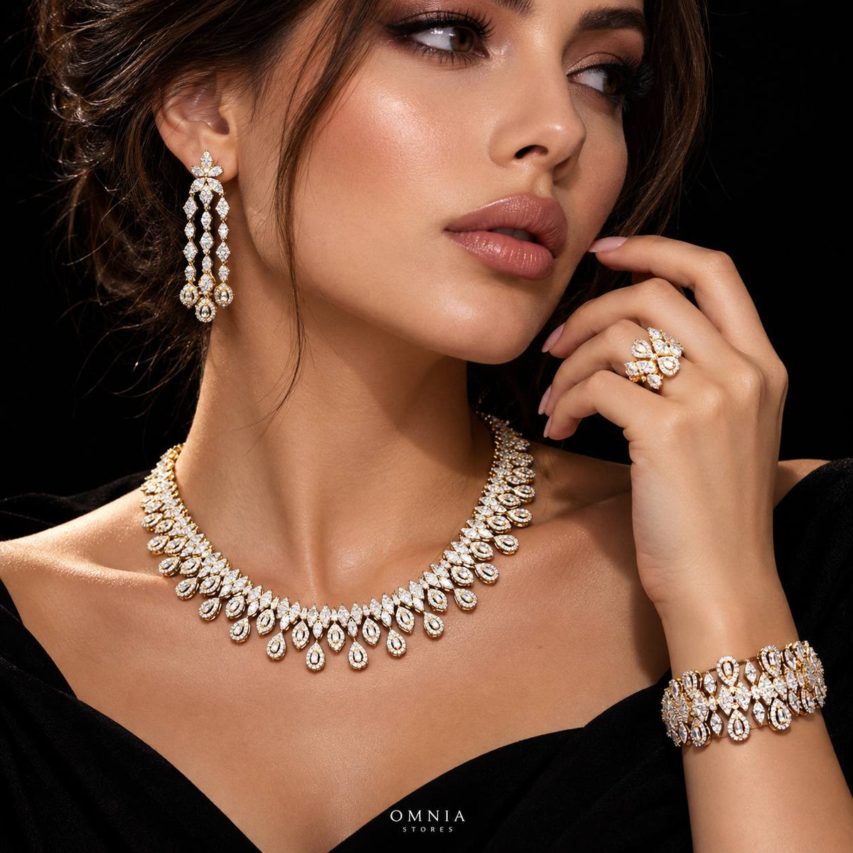 Omnia Sofia Golden Luxury Bridal Full Set in High Quality Zircon Stone Premium Rhodium Plated