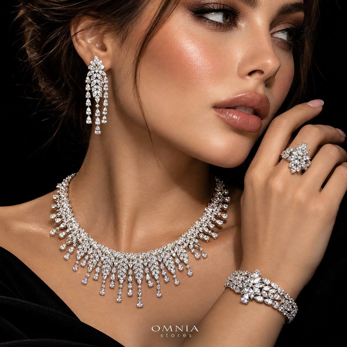 Omnia Sheena White Luxury Bridal Full Set Accessories in High Quality Zircon Stone Rhodium Plated
