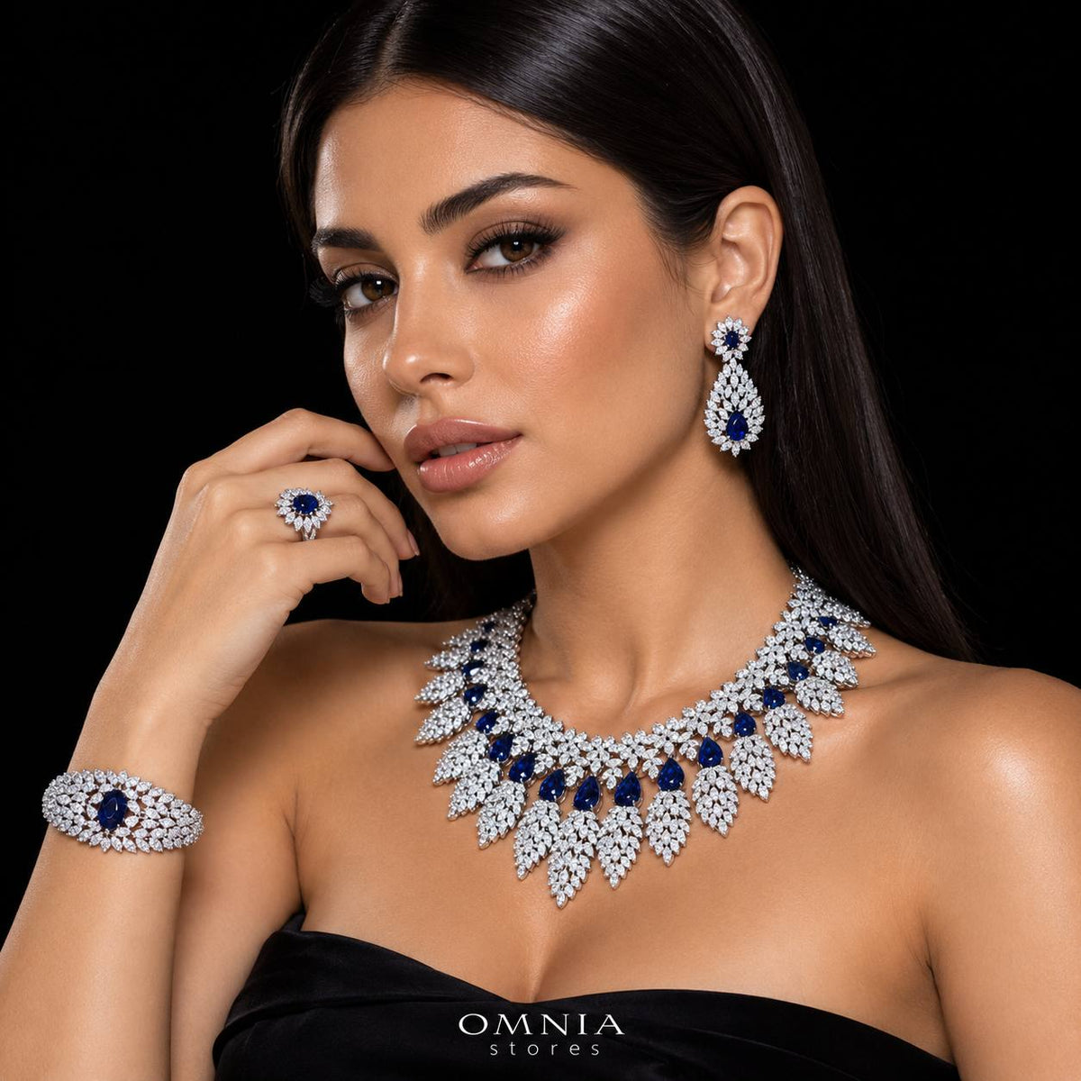 طقم زفاف أمنية أسرار باللون الأزرق، مرصع بأحجار الزركون عالية الجودة ومطلي بالروديوم الفاخر