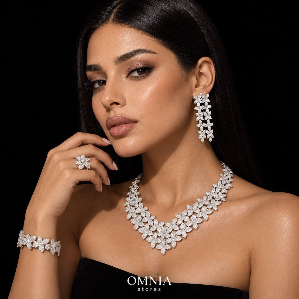 Omnia Nellie White Luxury Bridal Full Set in High Quality Zircon Stone Premium Rhodium Plated