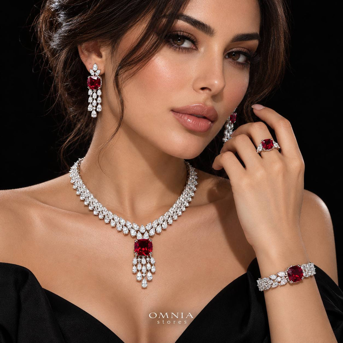 طقم زفاف أمنية نزاهة الكامل باللون الأحمر مرصع بأحجار الزركون عالية الجودة ومطلي بالروديوم عالي الجودة