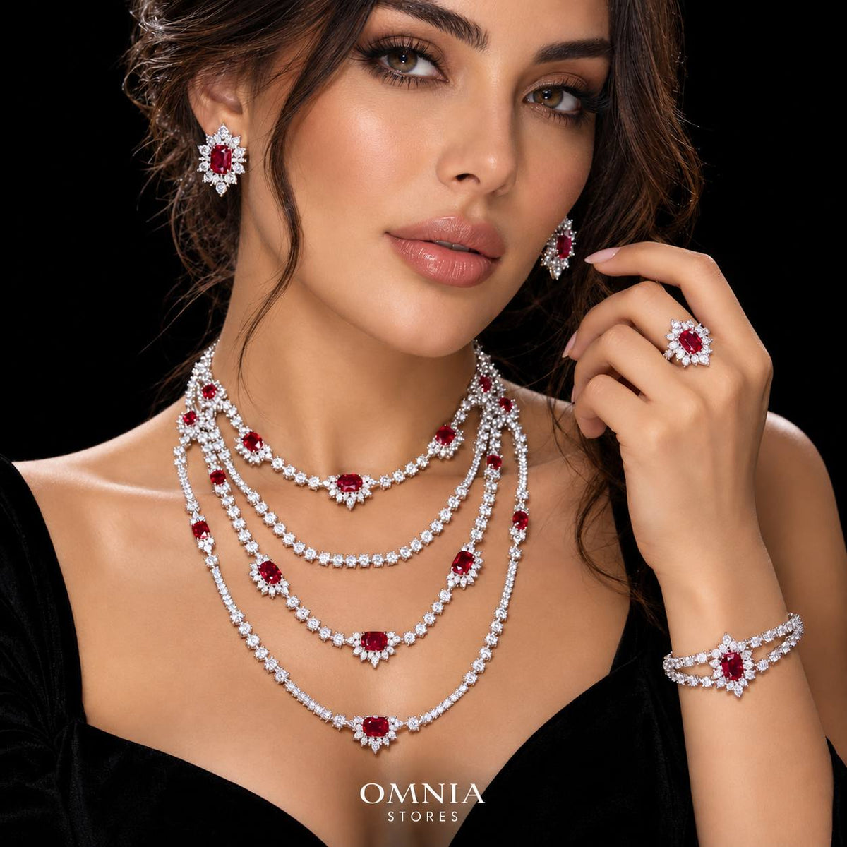 Omnia Blair Red Bridal Full Set High Quality Simulated Diamonds Premium Rhodium Plated