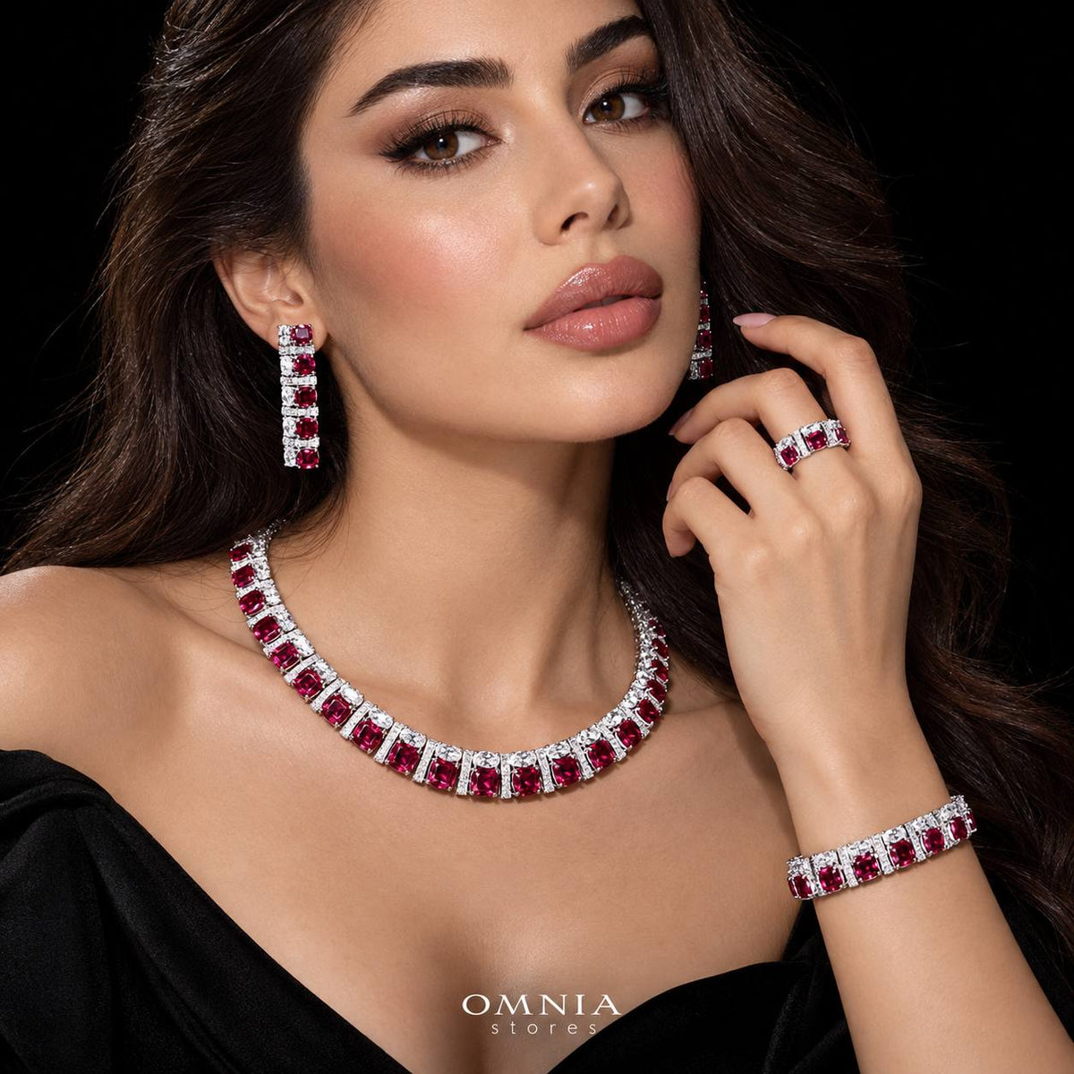 طقم زفاف أمنية مارلي باللون الأحمر مرصع بأحجار الزركون عالية الجودة ومطلي بالروديوم عالي الجودة