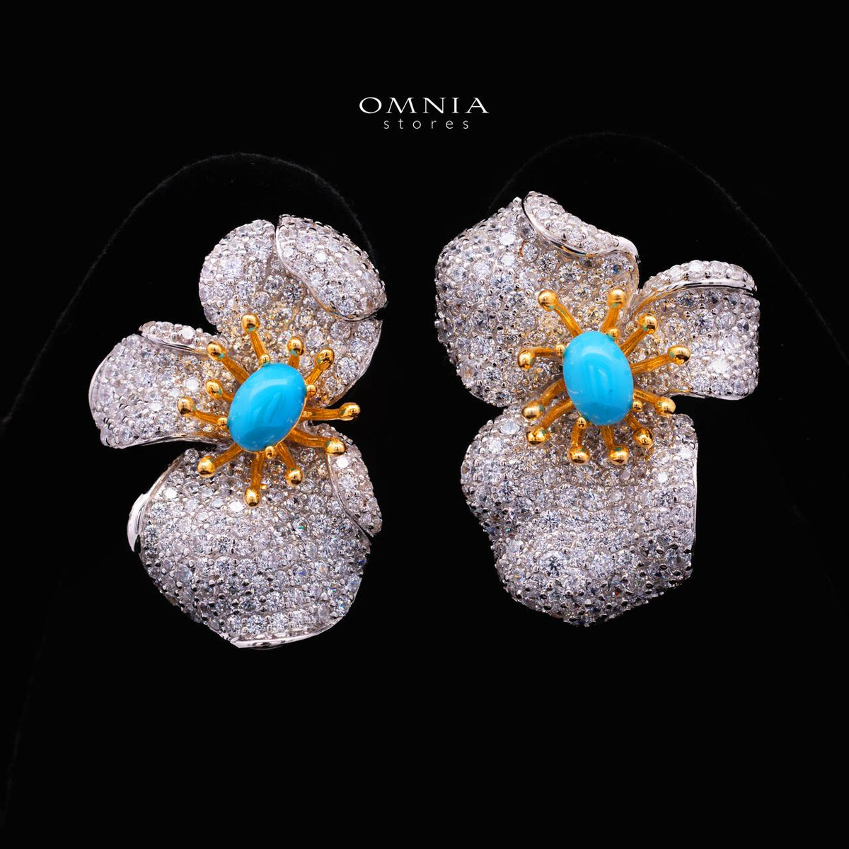 Omnia Shidha Turquoise Coral Flower Silver Drop Earrings in 925 Silver High Quality White Simulated Diamond Stones