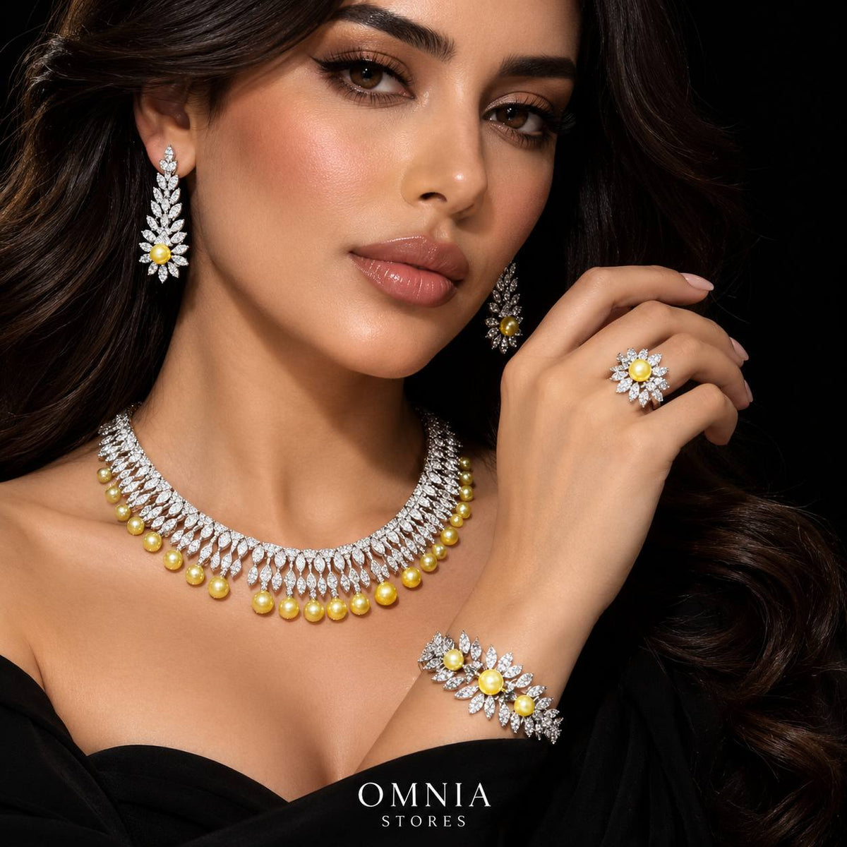 Omnia Shaika White in Golden Pearl Luxury Bridal Full Set in High Quality Zircon Stone Premium Rhodium Plated