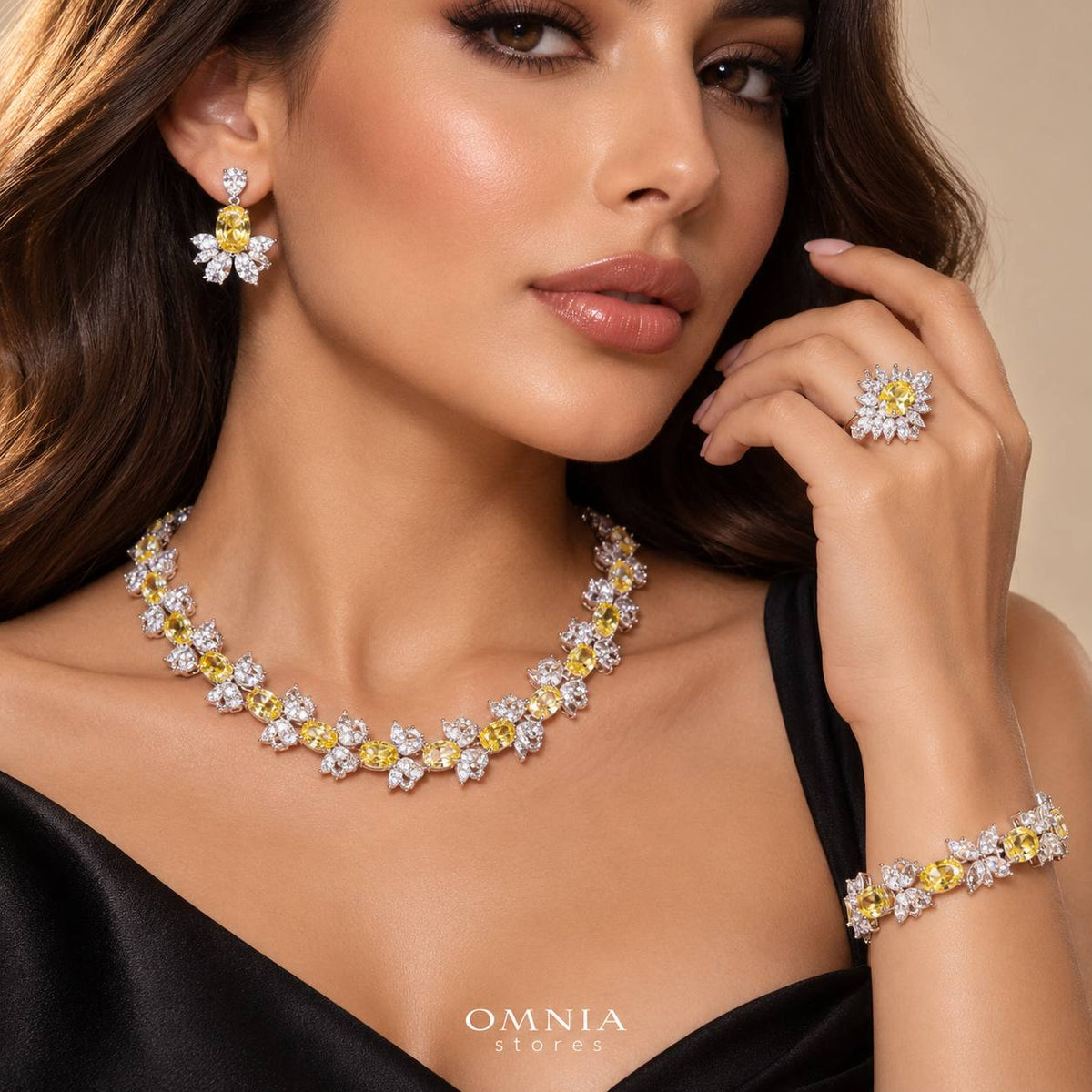 Omnia Muna Yellow Bridal Full Set in High Quality Simulated Diamonds Premium Rhodium Plated