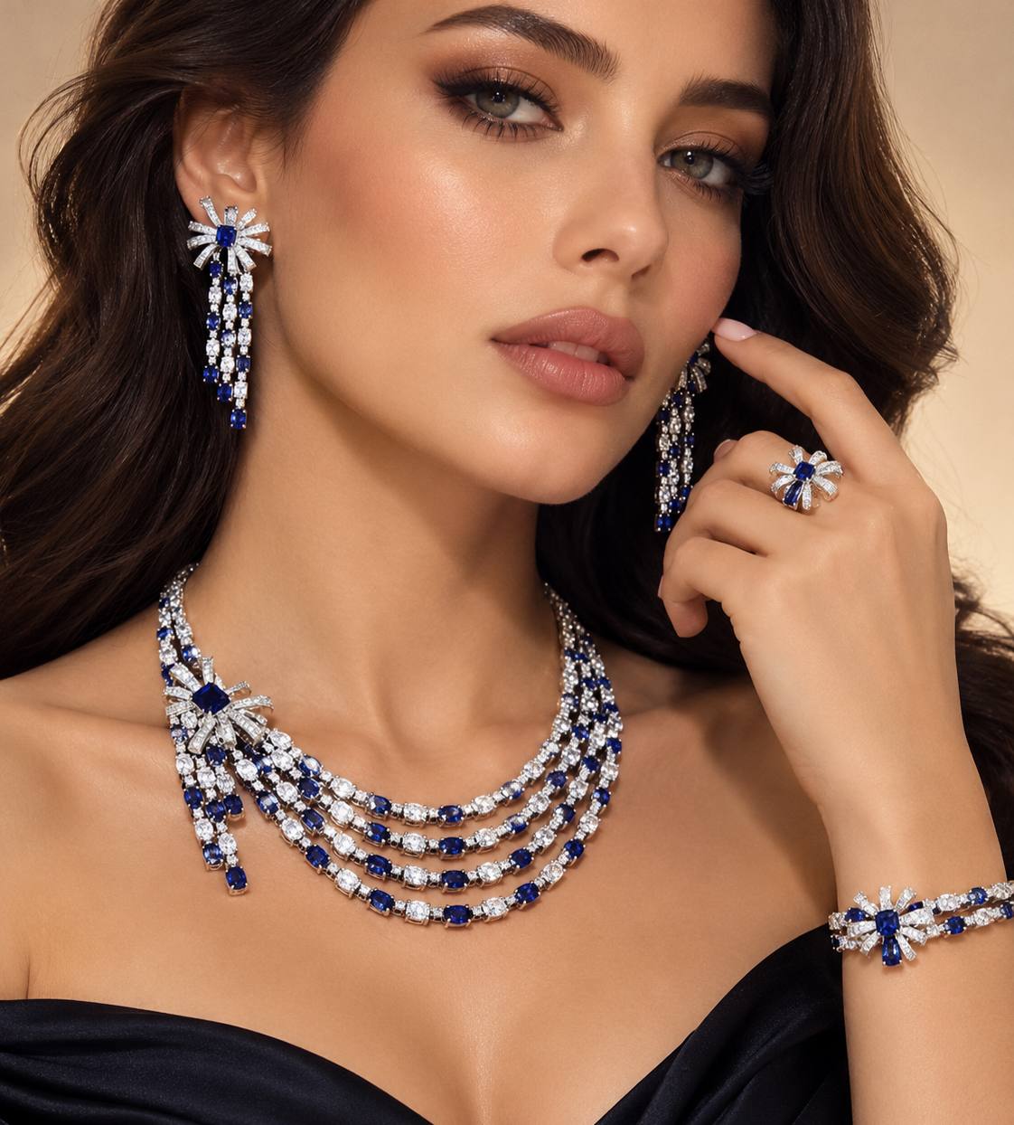 Omnia Mawada Blue Bridal Full Set with Elegant Bow-Accent Design and High-Quality Zircon Stones in Rhodium Plated Finish(size 18 only available in ksa)
