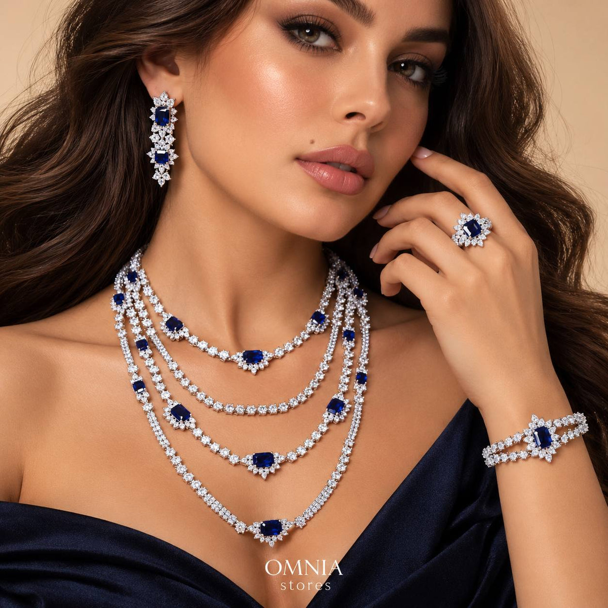 طقم زفاف أمنية بلير الكامل باللون الأزرق مرصع بالألماس المحاكى عالي الجودة ومطلي بالروديوم عالي الجودة