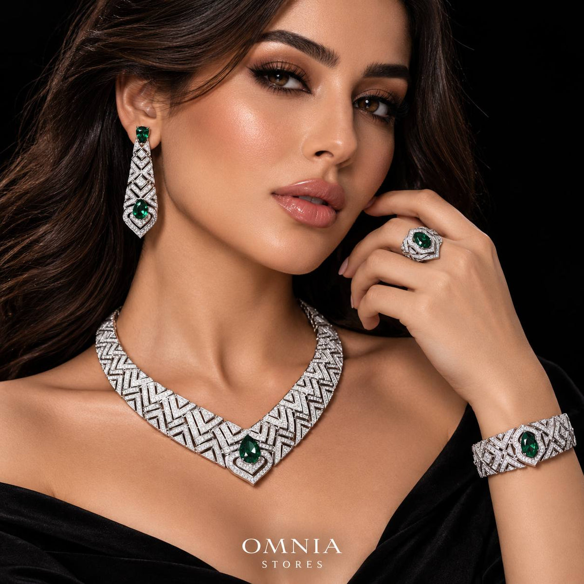 Omnia Daryan Green Luxury Bridal Full Set with High Quality Zircon Stone  Rhodium Plated