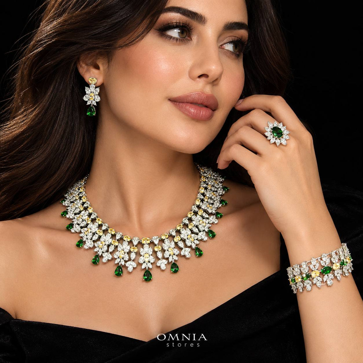 Omnia Dema Emerald Green and Yellow Bridal Full Set in High Quality Simulated Diamonds Premium Rhodium Plated