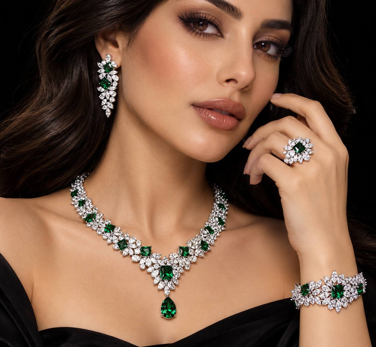 Omnia Christine Green Luxury Bridal Full Set In High Quality Zircon Stone Premium Rhodium Plated