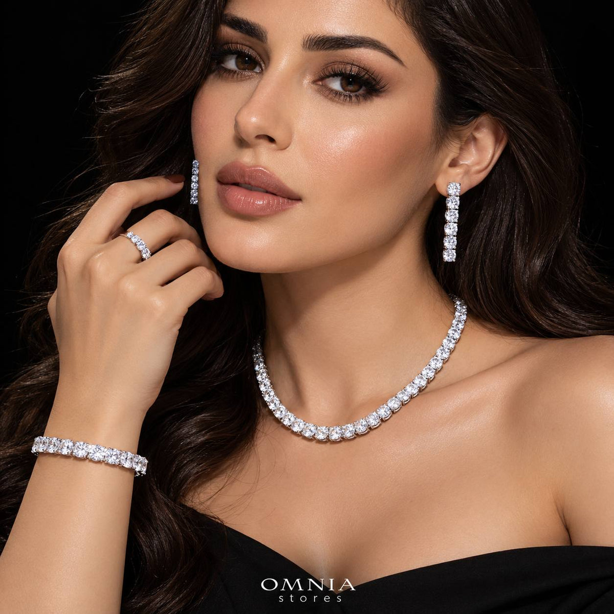 طقم زفاف أمنية جيا الكامل باللون الأبيض مرصع بأحجار الزركون عالية الجودة ومطلي بالروديوم عالي الجودة