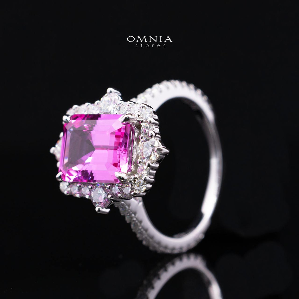Nuwaira Lab-Grown Pink Sapphire Emerald-Cut Ring (8x11mm) with GRC Certificate in 925 Sterling Silver