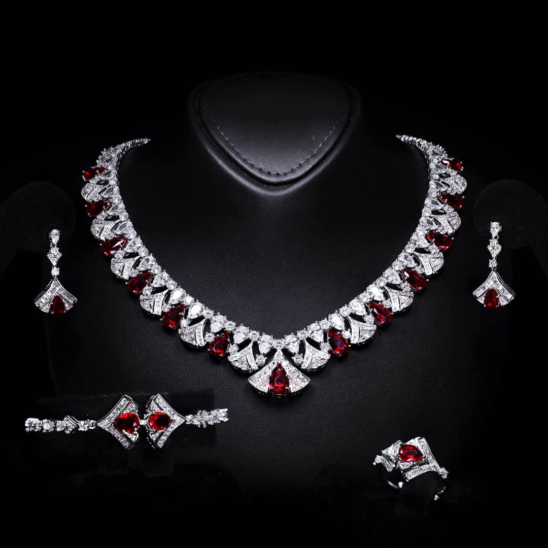 Omnia Elizabeth Maroon & White Luxury Full Jewelry Set