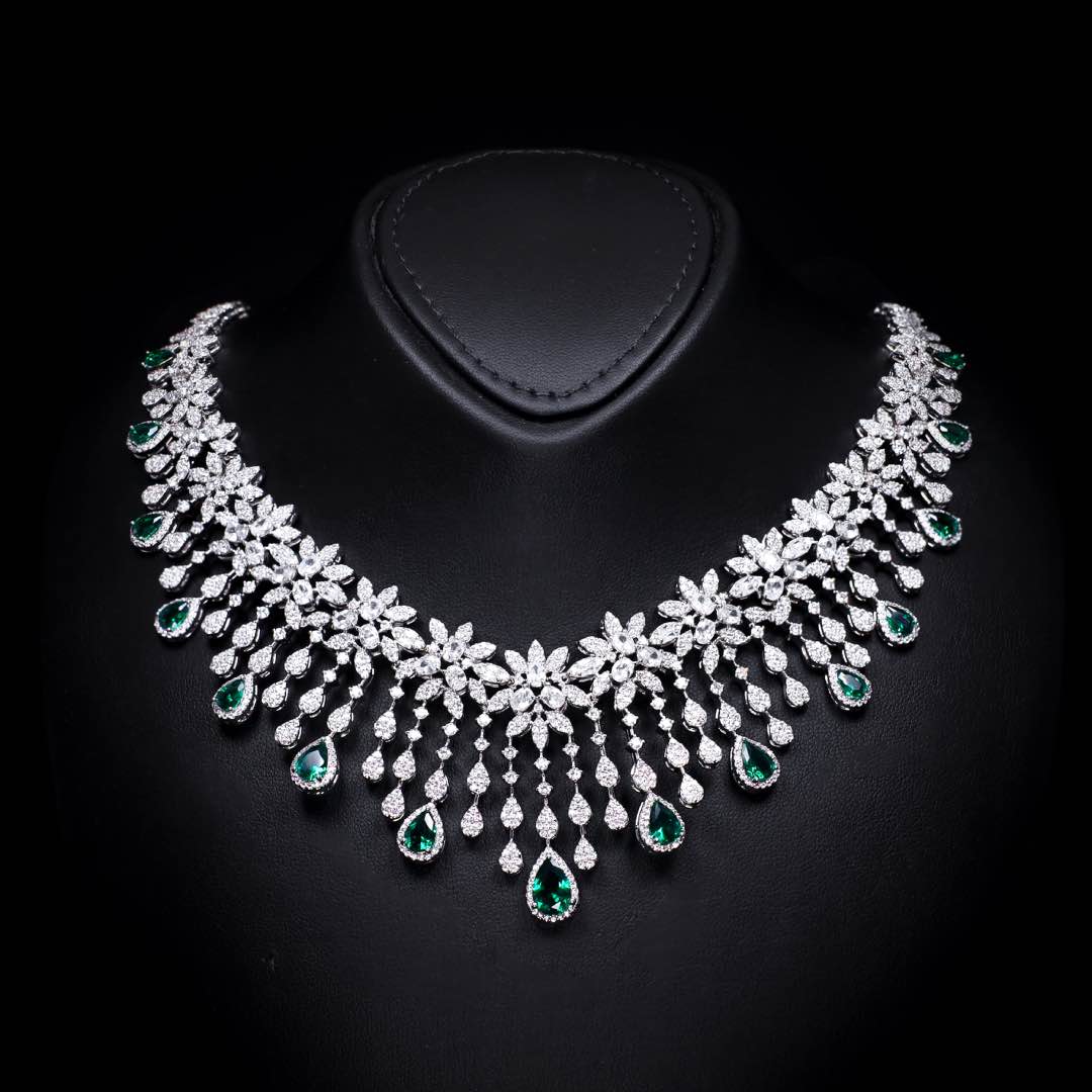 Omnia Anoud Green Luxury Bridal Choker Full Set in High Quality Rhodium Plated Zircon Stones (18cm only available in KSA)
