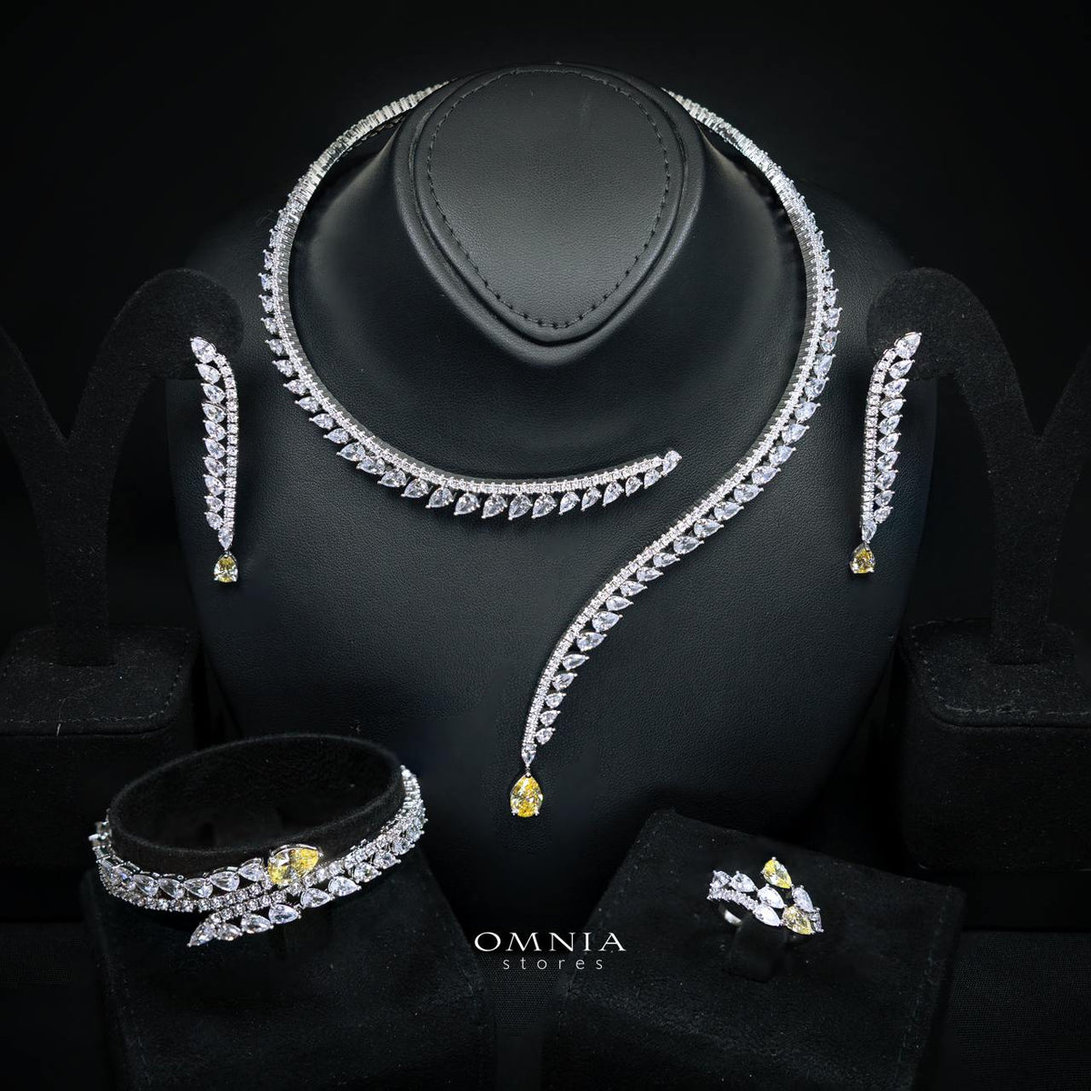 Catalina Elegant Yellow Cascading Leaf Drop Bridal Full Set with High-Quality Premium Zircon Stones, Rhodium-Plated Finish