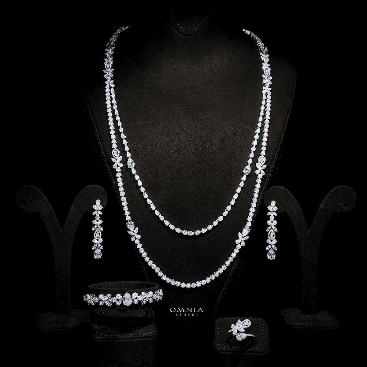 Omnia Yaza Bridal White Long chain Set High Quality Zircon Stone In Rhodium Plated(size 16 only available in ksa)