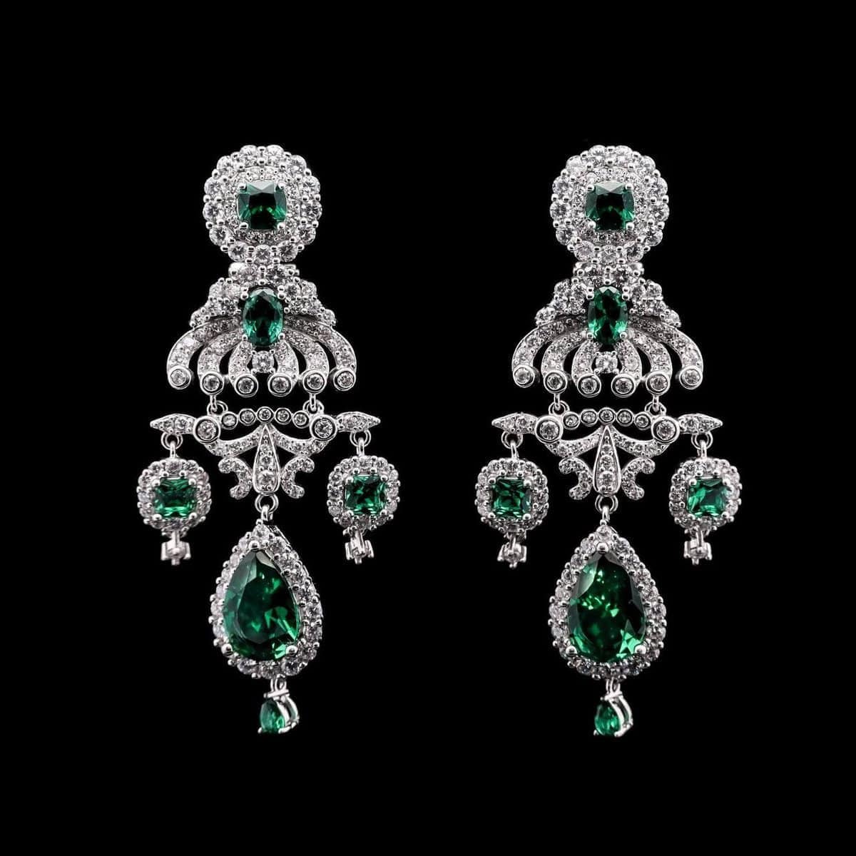 Omnia Amani Chandelier Earrings with Emerald Green Simulated Diamonds in 925 Silver