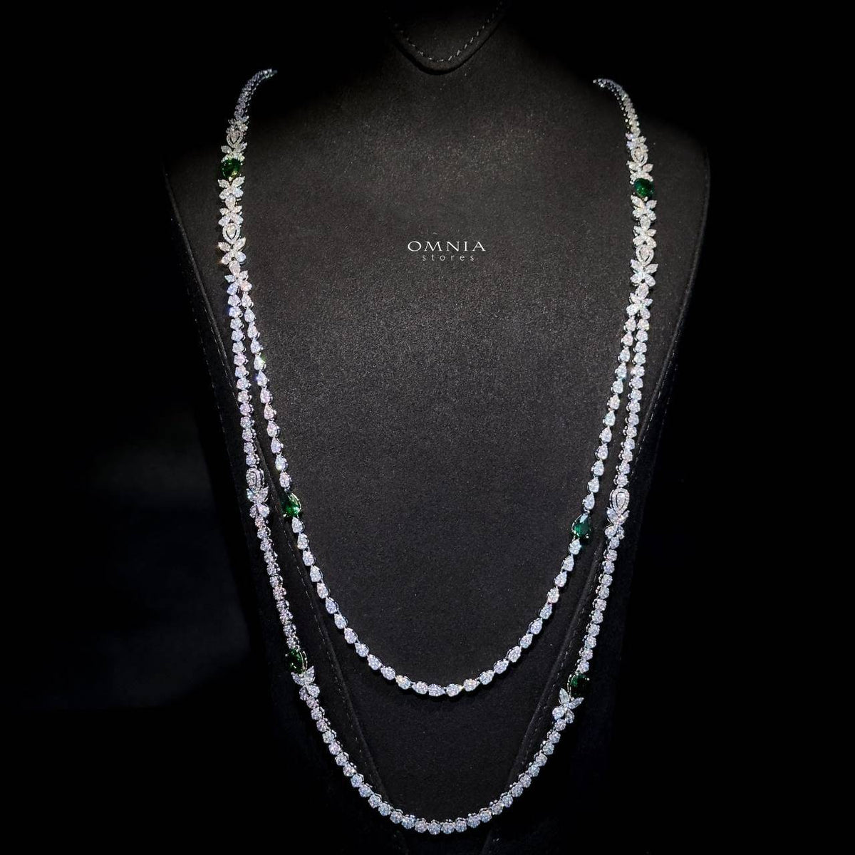 Omnia Yaza Bridal Green Long chain Set High Quality Zircon Stone In Rhodium Plated - OMNIASTORES UAE
