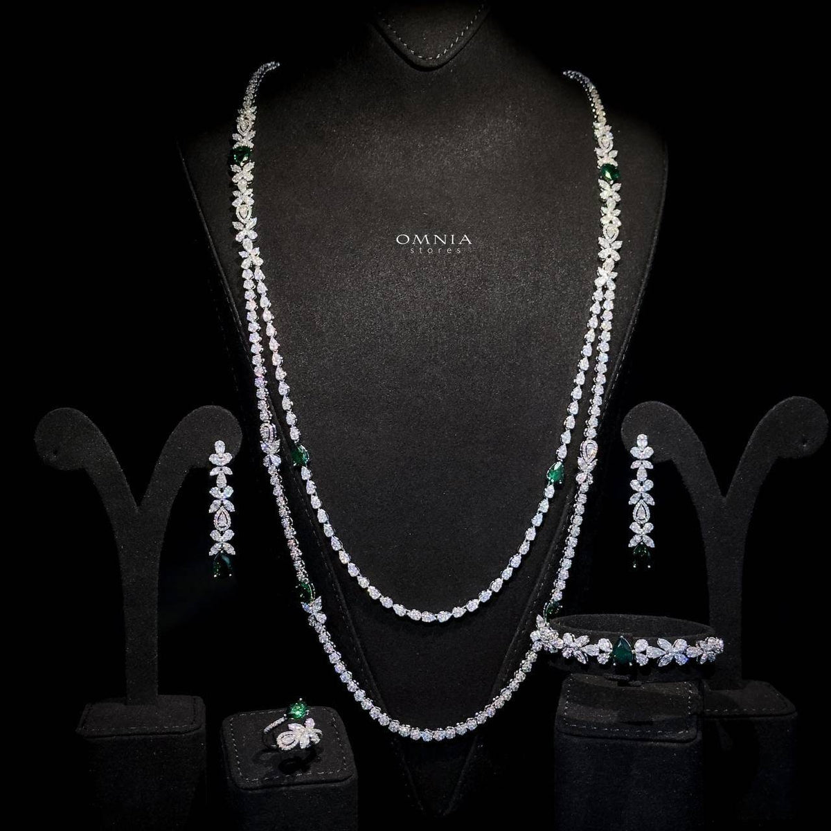 Omnia Yaza Bridal Green Long chain Set High Quality Zircon Stone In Rhodium Plated - OMNIASTORES UAE
