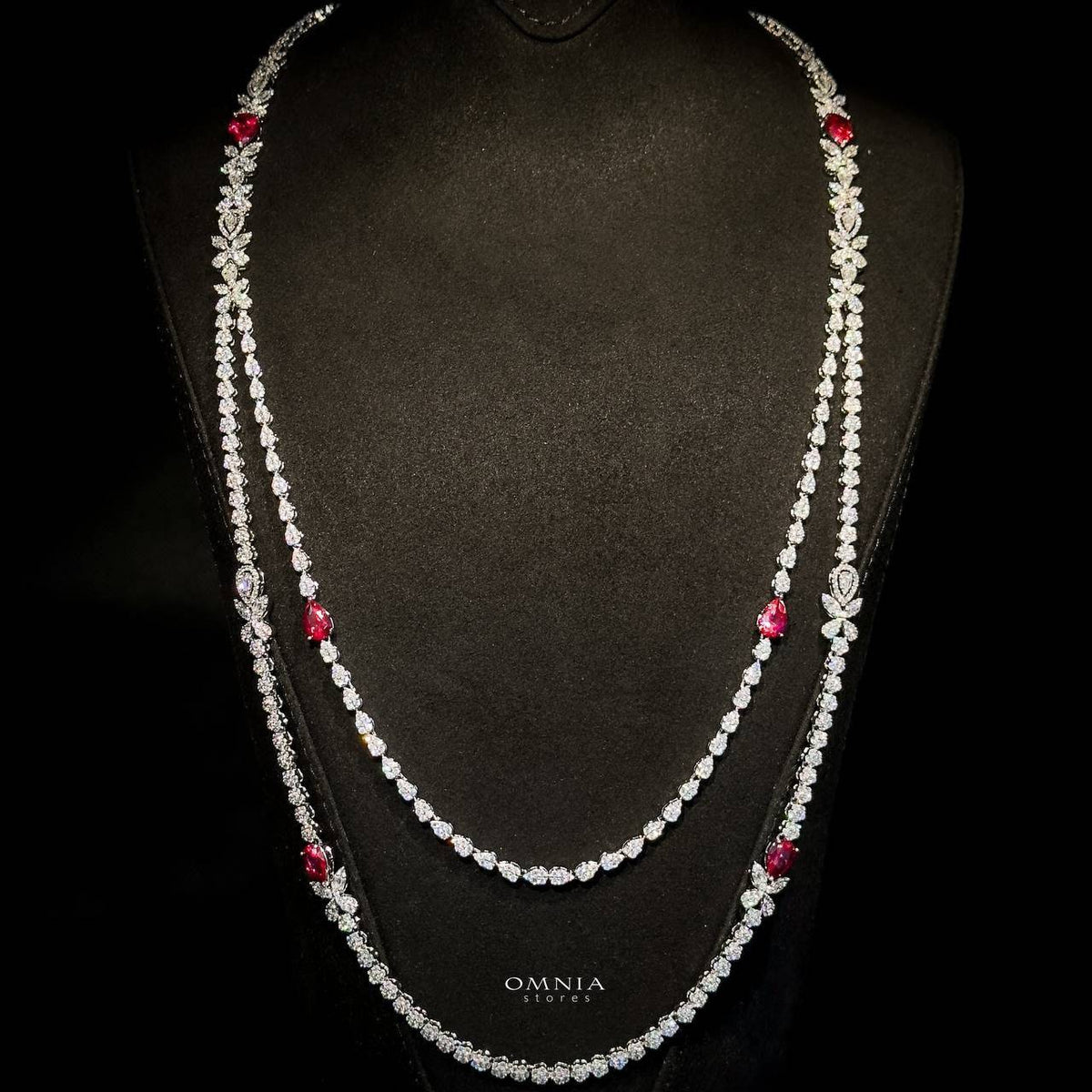 Omnia Yaza Bridal Red Long chain Set High Quality Zircon Stone In Rhodium Plated (only available in KSA)