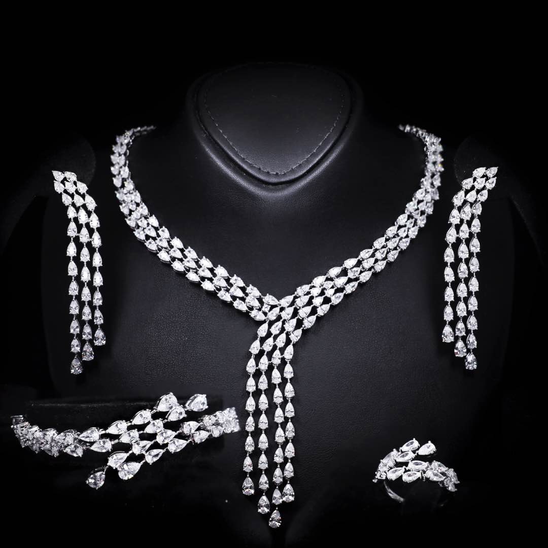 Omnia Michelle White Bridal Full Set Accessories in High Quality Zircon Stone in Rhodium Plated