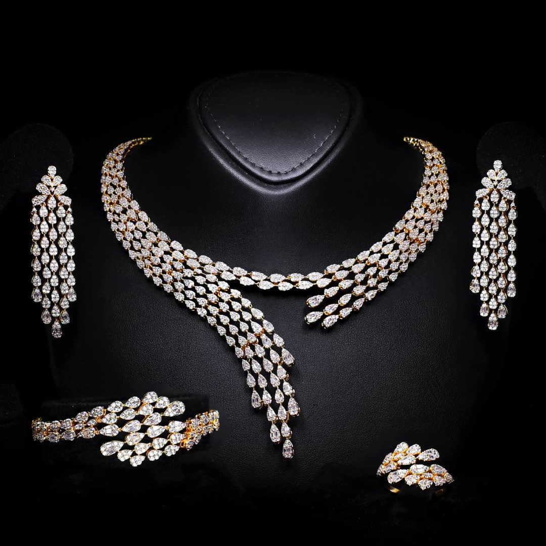 Omnia Beretta Luxury Gold Bridal Full Set in High Quality Zircon Stone Premium Rhodium Plated